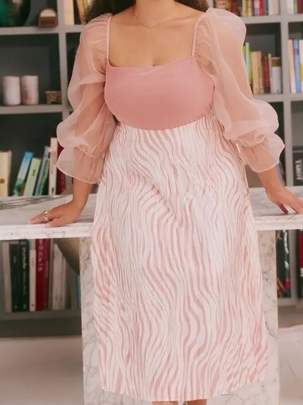 Eloquii Sheer Sleeve Pink Square-Neck Top